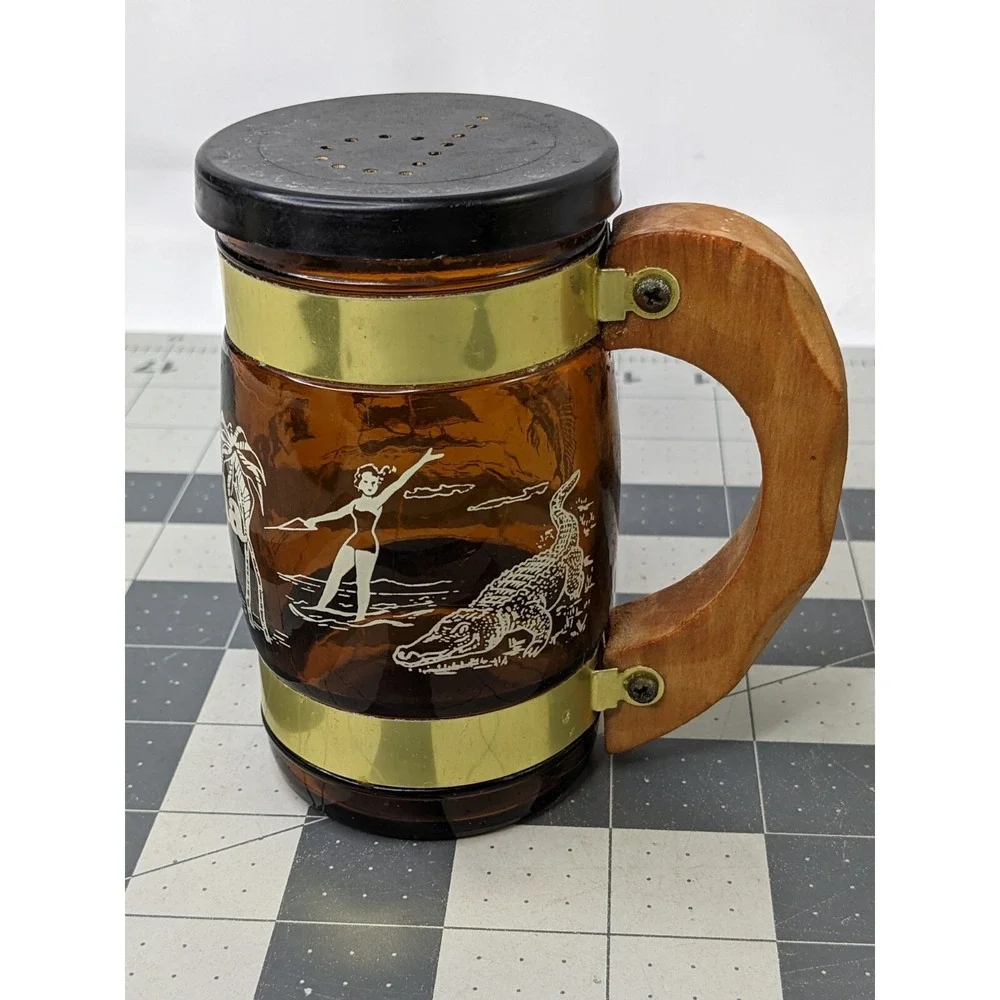 Florida Souvenir Salt Pepper Shaker Glass Mug Stein‎ Wood Handle 4.25 Inch Tall
